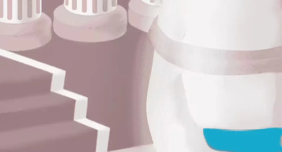 Jesus standing before the court of Pilate in a hall with stairs and pillars.