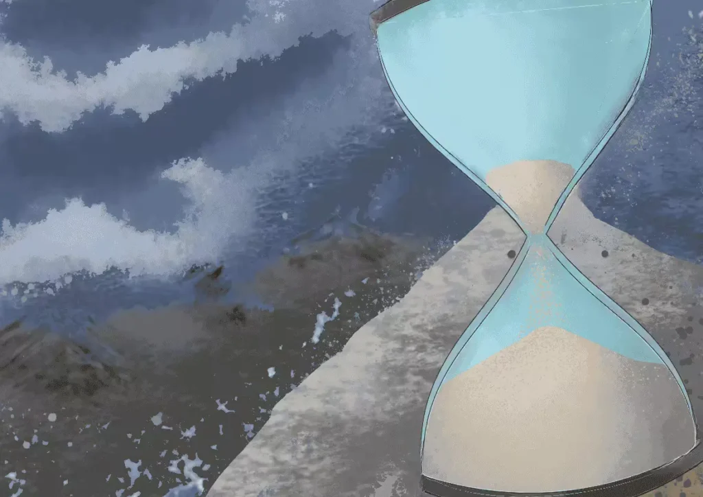 Hourglass placed on a rock with stormy clouds above it.