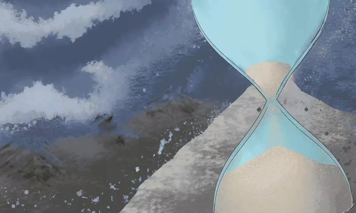 Hourglass placed on a rock with stormy clouds above it.