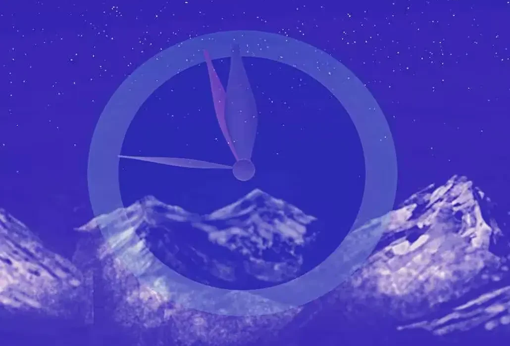 A clock on a mountain background.