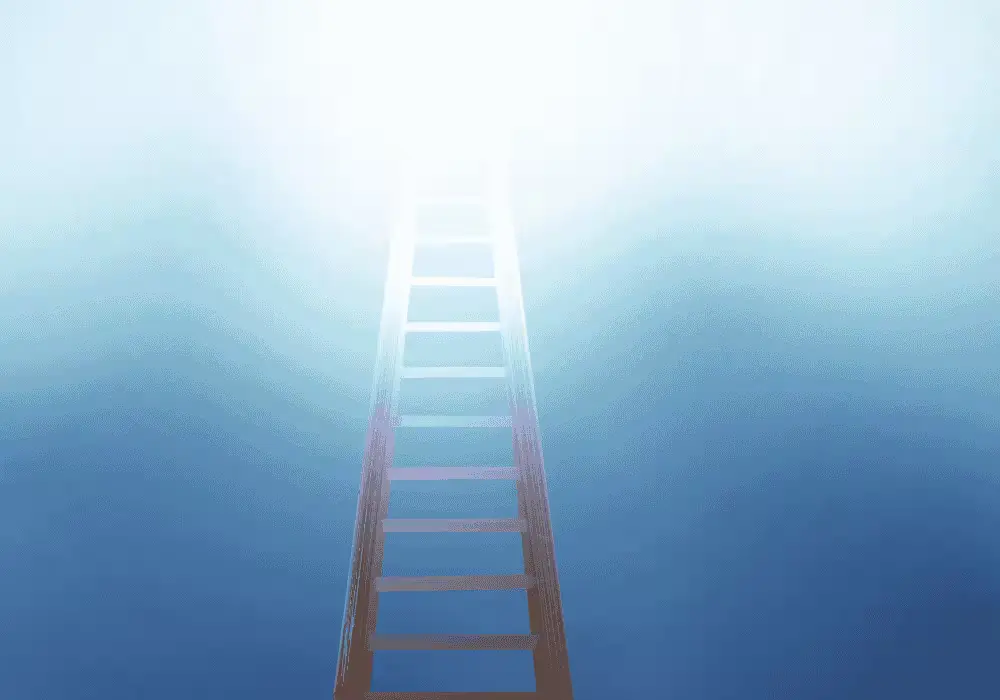 A ladder leading up to the sky with bright light above it.